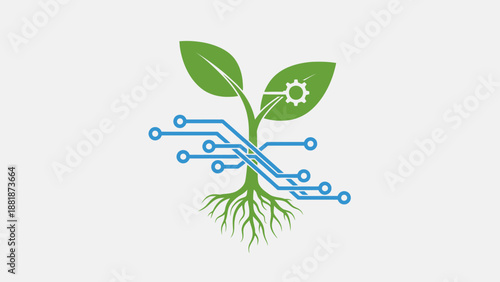 Green Plant with Electronic Circuitry Roots Symbolizing Bio-Technology in Bright Studio Background