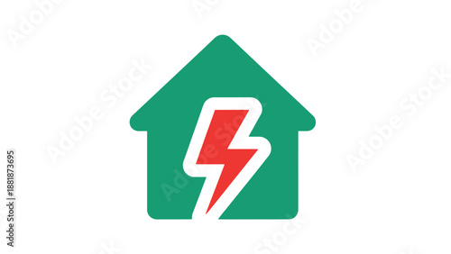 Green House with Red Lightning Bolt Symbol Representing Sustainable Home Energy on Isolated White Background