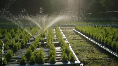 Automated Sprinkler System Watering Rows of Young Conifer Trees in a Nursery.
