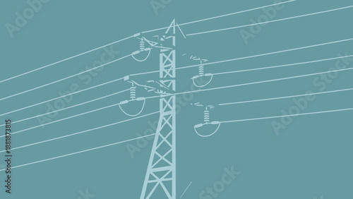 Electric Transmission Tower with Power Lines Against a Blue-Green Sky Background