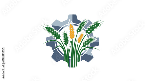 Agricultural Gear Symbol with Wheat Stalks Representing Agro-Industry and Innovation on Isolated White Background