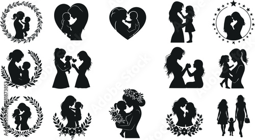 Mother and child silhouette vector set featuring elegant mom and baby icons floral heart frames and family love graphics isolated on white background