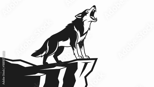 Silhouette of a Howling Wolf Standing Proudly on a Mountain Cliff on Isolated White Background