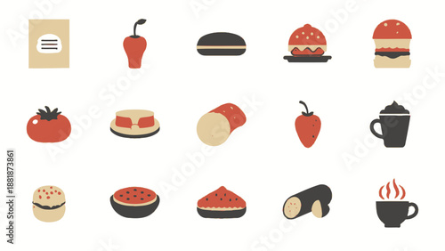Collection of Various Fast Food and Beverage Icons Including Burger, Sushi, and Coffee on Isolated White Background