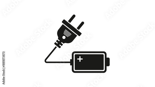 Electric Plug Connected to Battery with Lightning Bolt Symbol on Isolated White Background