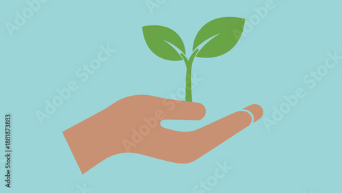 Human Hand Gently Nurturing a Young Green Sprout with Leaves on a Light Blue Background