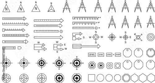 A comprehensive collection of diverse navigational symbols and indicators, presented in a crisp black and white graphic design. 
