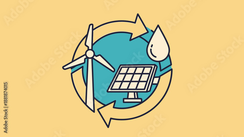 Sustainable Renewable Energy Cycle Diagram with Wind Turbine, Solar Panel, and Water Droplet, Eco-Friendly Concept on Light Yellow Background