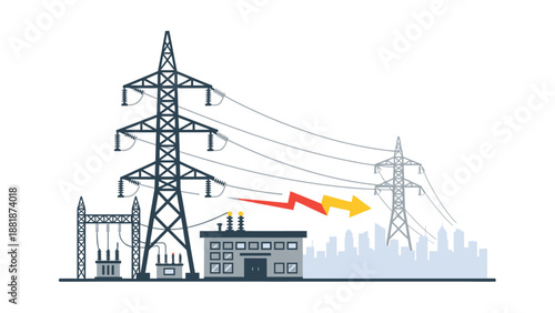 Urban Cityscape with Electricity Pylons, Power Lines, Buildings, and Energy Flow Arrow, Power Grid Infrastructure in Bright Studio