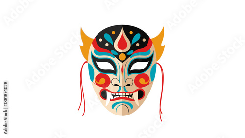 Vibrant Traditional Asian Ceremonial Mask with Colorful Details, Cultural Art on an Isolated White Background