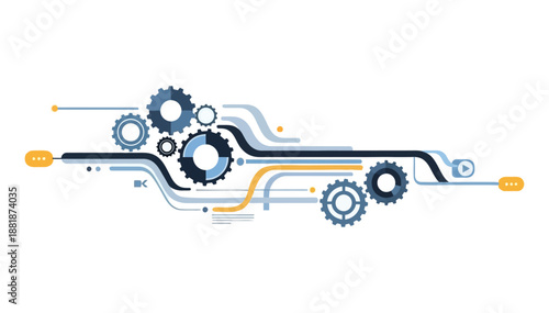 Digital process gears and lines flowing on a clean white background illustrating business data flow concepts