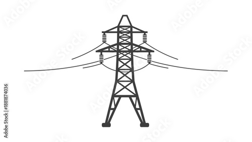 Outline of Electrical Power Pylon Transmission Tower with Wires, Electricity Supply Infrastructure, isolated white background