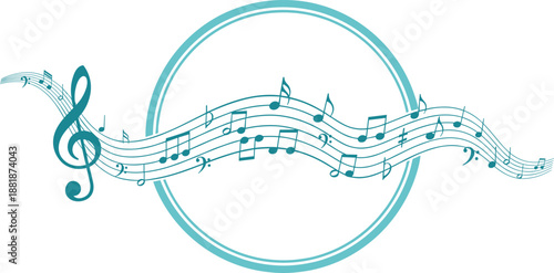 Musical notes on stave line art illustration with treble clef and circles, blue melody wave vector for concert poster, creative sound design.