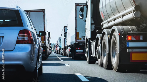 Foto Busy highway featuring a row of trucks, with cars and a clear sky creating a dynamic transportation scene