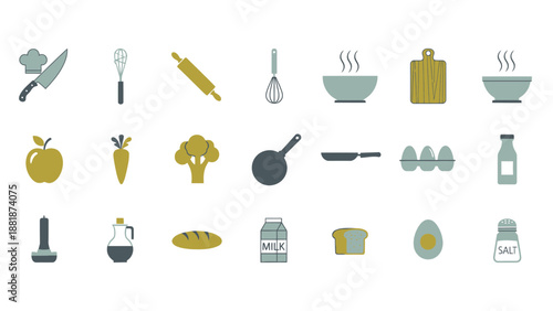 Collection of Kitchen Utensil and Food Ingredient Icons Representing Cooking and Culinary Activities in Bright Studio Background