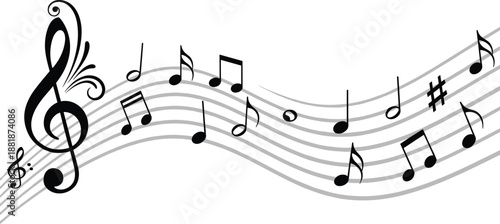 Musical notes on stave line art illustration with treble clef and symbols, black melody wave vector for concert poster, creative sound design.