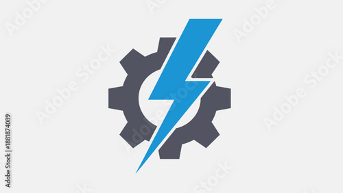 Gear and Lightning Bolt Icon Symbolizing Industrial Power and Electrical Engineering on Isolated White Background