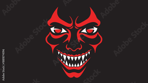 Terrifying Red Demon Face with Sharp Teeth and Horns Emerging from Dark Background, Portraying Evil and Fear