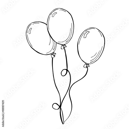 Three balloons on strings. Sketch-style vector illustration for book design, coloring books, children's interiors, holiday cards, events, and fabric printing.
