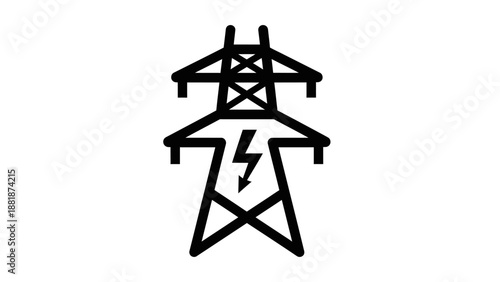 Electricity Pylon Tower Icon with Lightning Bolt, Energy Power Supply Symbol on Isolated White Background