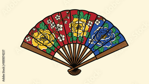 Beautiful Ornate Traditional Japanese Folding Fan with Colorful Floral Patterns on Pale Yellow Background