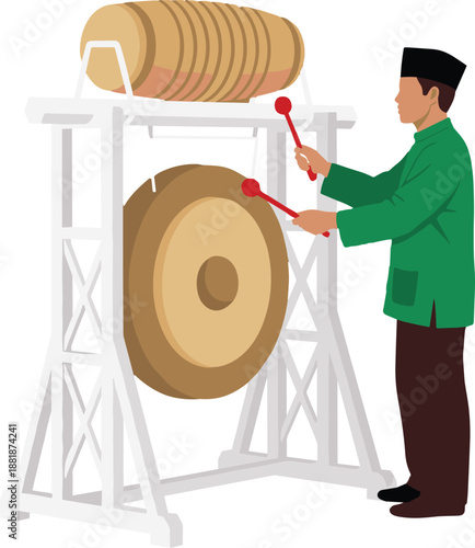 Muslim, man, playing, traditional, gong, drum, Bedug, illustration, vector, Islamic, culture, religion, Ramadan, celebration, Eid, isolated, white, background, music, percussion, prayer, festival