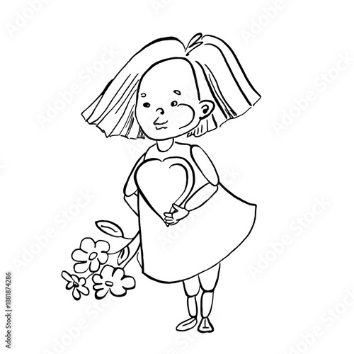 A girl with a heart in her hand and flowers behind her back. Vector illustration in sketch style for book design, coloring books, children's interiors, holiday cards, events, and fabric printing.