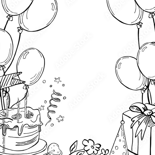A square frame with balloons, a party box, and a cake. Sketch-style vector illustration for book design, coloring books, children's interiors, holiday cards, and events.