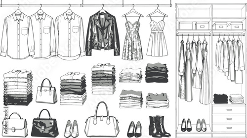 An organized fashion wardrobe, showcasing a variety of clothing items and accessories, embodying a curated sense of style and personal expression.