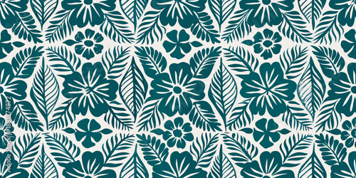 A seamless pattern with tropical flowers and lush green foliage