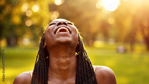 Laughing person with braided hair in park.