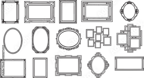 An array of elegant picture frames. A collection of assorted shapes, each a sophisticated blend of classic design and artistic flair. Capturing visual interest.
