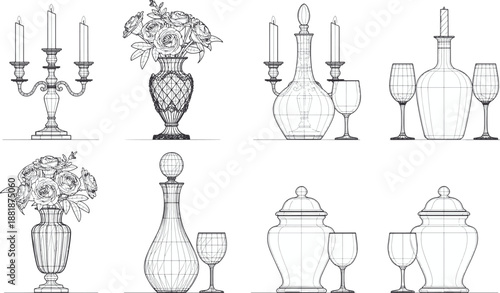 Elegant line art, meticulously depicts an assortment of sophisticated objects like vases, wine glasses, candle holders, and decanters. This offers a classic ambiance.