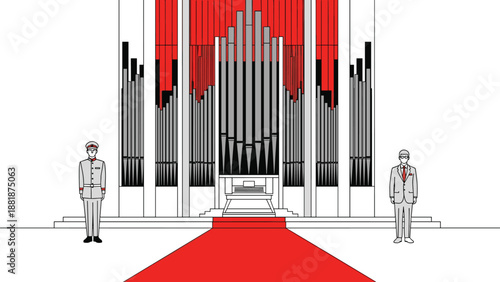 Pipe, organ, illustration, vector, music, cathedral, church, concert, hall, instrument, ceremonial, formal, guard, gentleman, red, carpet, isolated, white, background, performance, grand, architecture