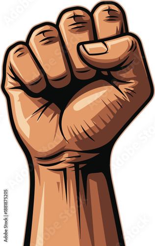 Powerful clenched fist raised up vector illustration representing strength, human rights, black lives matter, protest, solidarity, unity and freedom isolated on white.