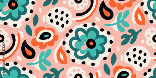 A colorful seamless pattern of stylized floral and abstract shapes