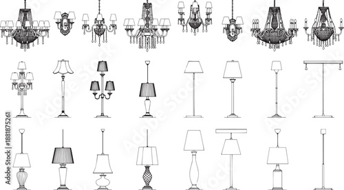 Array of elegant chandeliers and lamps sketched in fine lines, creating a visual symphony of illumination for your interior design concepts.