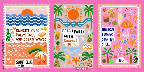 Tropical themed postcard collection featuring palm trees ocean waves and hibiscus flowers