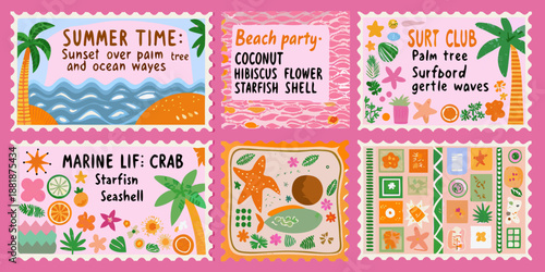 Colorful summer themed postcard designs with beach elements and tropical motifs