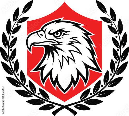 Canvas Print Professional bald eagle head mascot logo on red shield with laurel wreath, black and white vector illustration for sports team branding, military