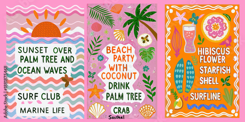 Colorful tropical beach themed illustrations with sunset palm trees and hibiscus