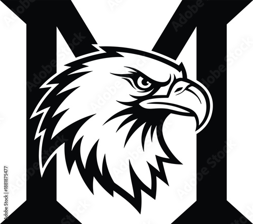 Professional bald eagle head mascot logo with bold letter M, black and white vector illustration for sports team branding, collegiate apparel, and school.