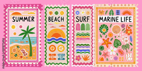 Colorful summer themed postage stamps with tropical and marine imagery