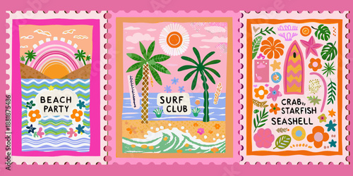 Colorful summer themed postage stamps featuring beach surf and crab designs