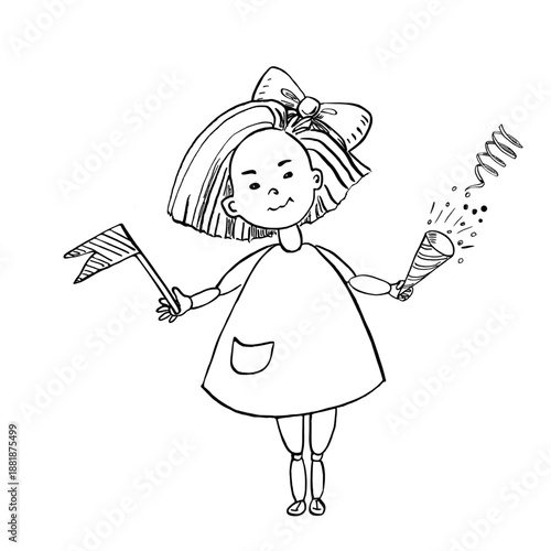 A girl with a bow on her head and a flag, party popper in her hands. Vector illustration in sketch style for book design, coloring books, children's interiors, holiday cards, events, fabric printing.