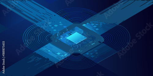 Abstract blue geometric design showcasing concentric circles and intersecting lines