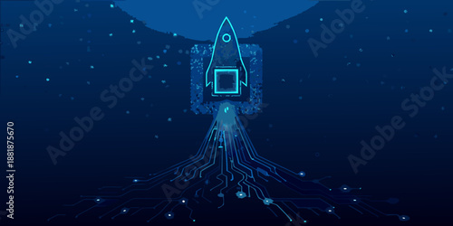 Digital rocket launch with glowing trails and a circuit board background