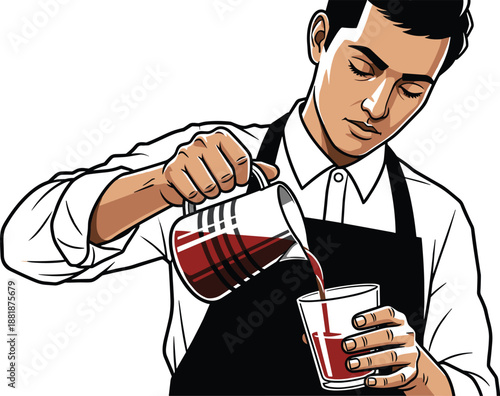 Professional male barista pouring red liquid from pitcher into glass, cafe worker making specialty coffee or cocktail drink, hospitality service character illustration,