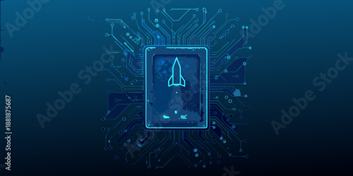 A digital rocket launch displayed on a smartphone screen with circuit board design