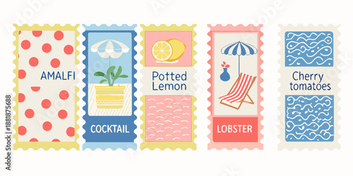 Colorful illustrated postage stamps depicting summer themes and citrus fruits